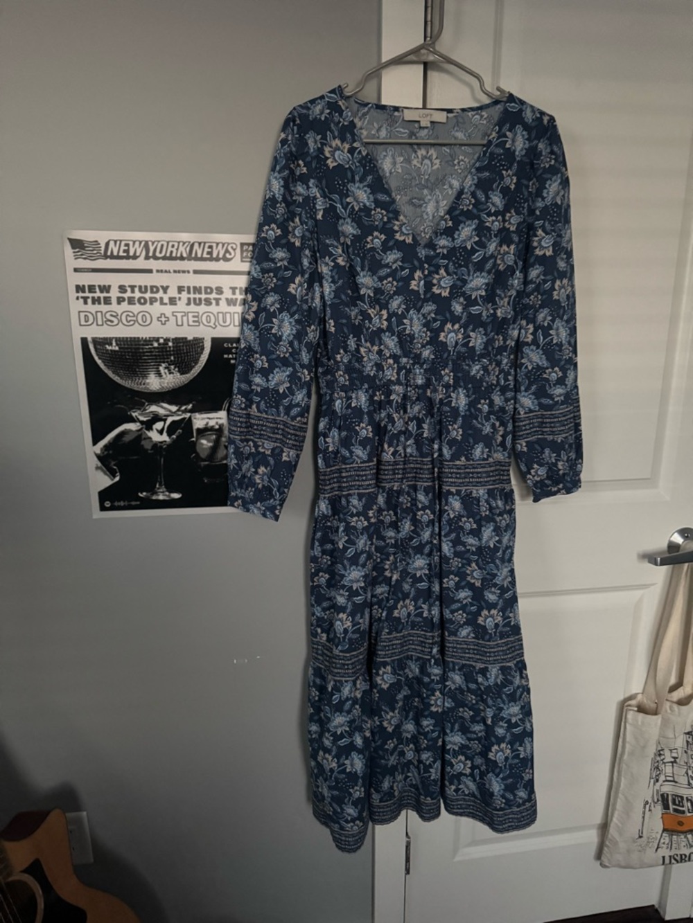 LOFT Blue Floral V-Neck Long Sleeve Midi Dress